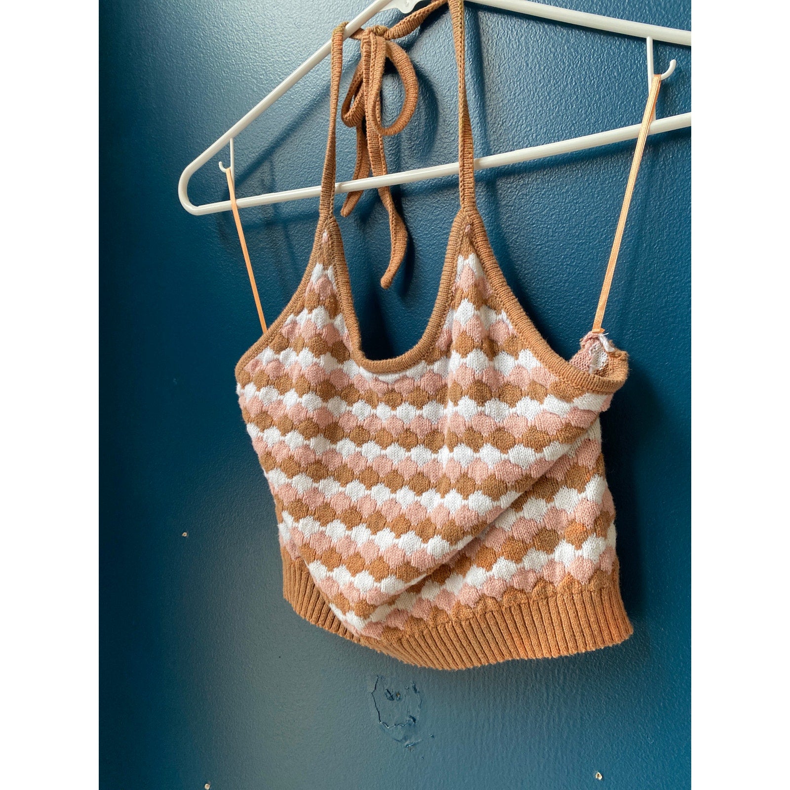 Altar'd State Pink Brown Knit Halter Crop Top Women's Size Small