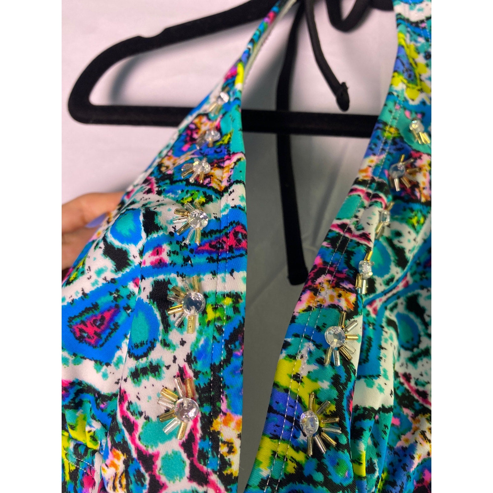 Mudd Halter Neck Blue Multi Embellished Tankini Top Women's Size Small