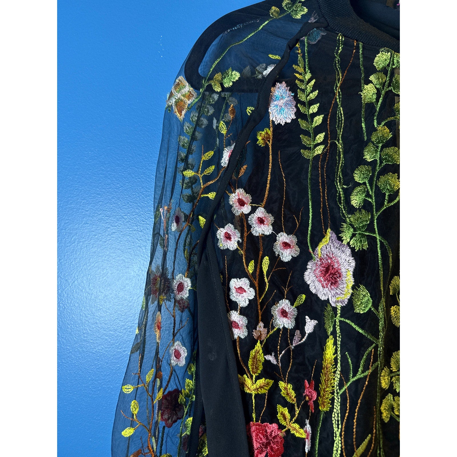 Jealous Tomato Floral Embroidered Sheer Bomber Jacket Black Full Zip Medium