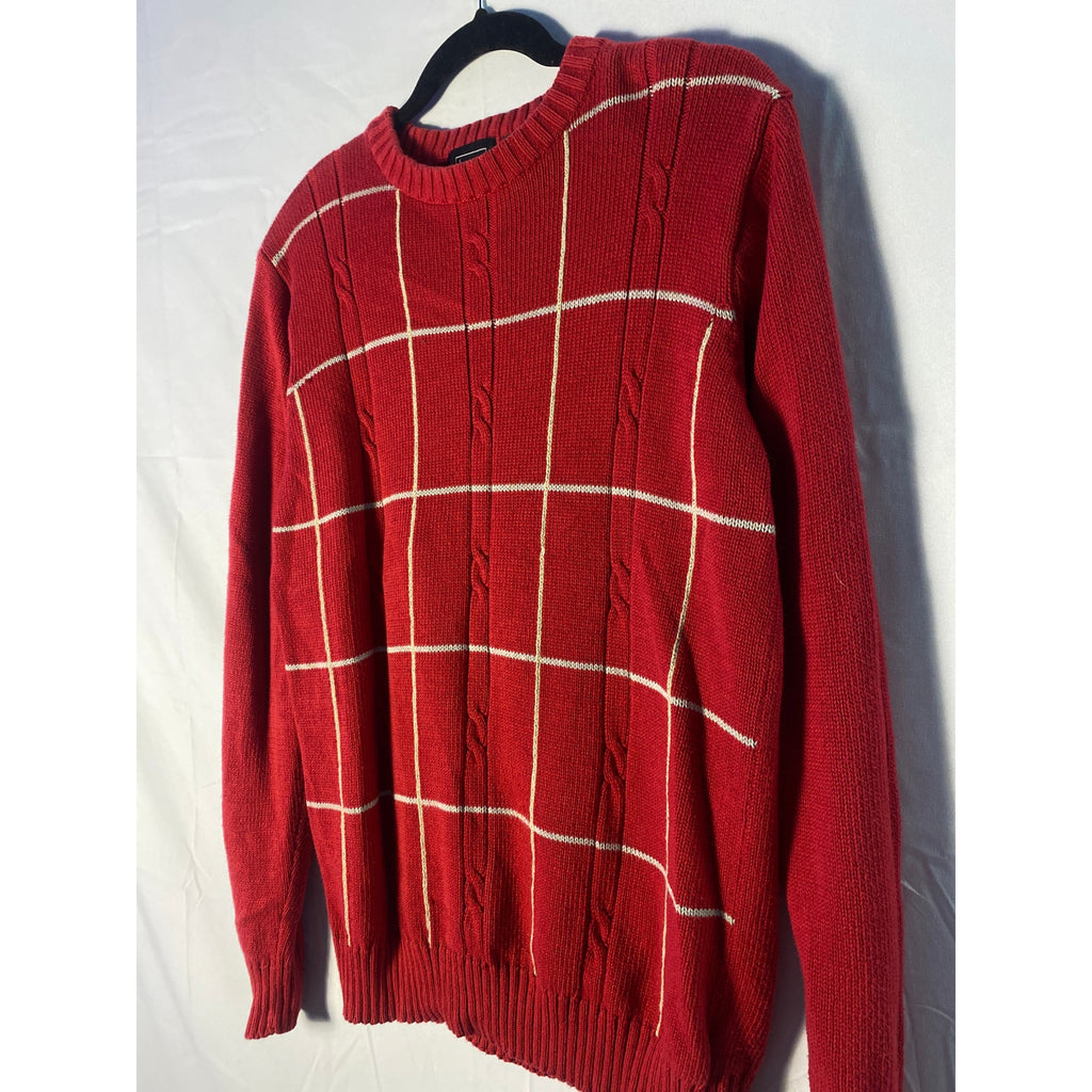 Haggar Cotton Crewneck Cable-Knit Red Sweater w/ White Grid Pattern Men's Medium