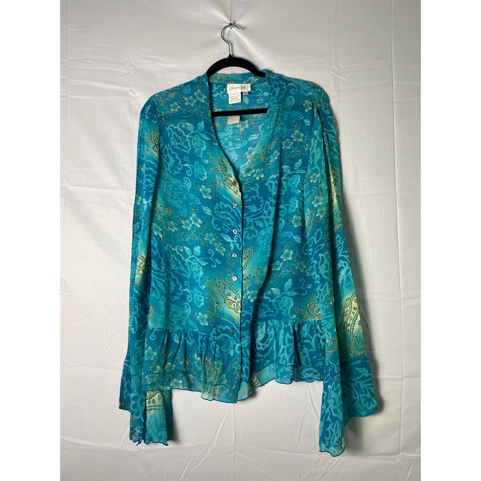 Cocoon Bay Blue Green Floral Button Up Blouse Top Ruffle See Through Hem Medium