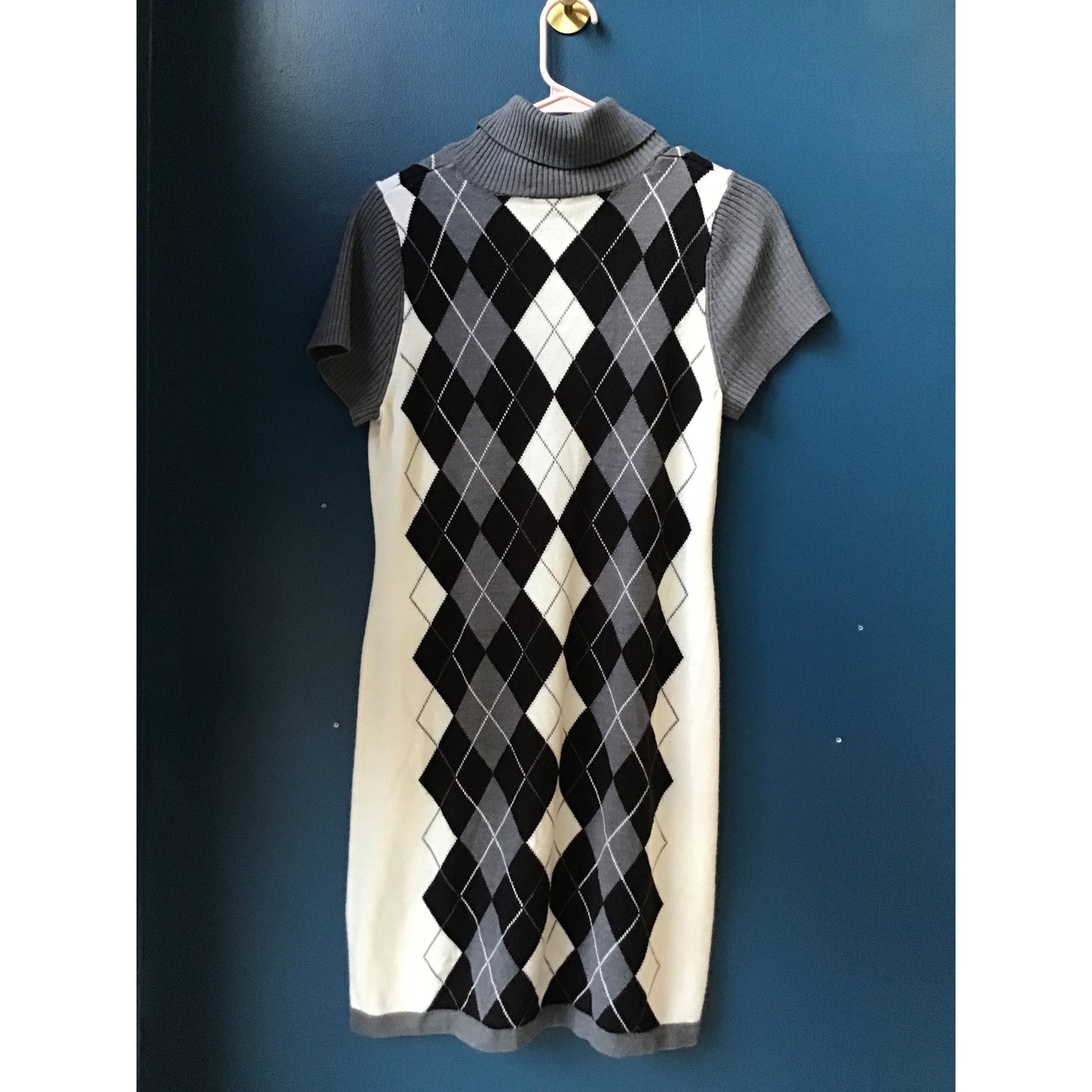 CATO Argyle Knit Cowl Neck Gray Black White Sweater Dress Women's Size Small