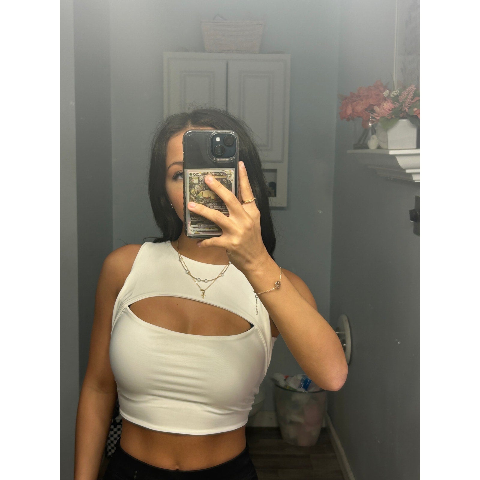 Prettylittlething White Slinky Cut Out Front Crop Top in White Sleeveless Medium