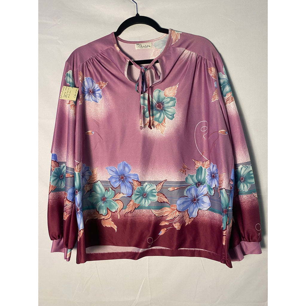 Vintage 70s Ms Claire NY Purple-Blue Floral Tunic Blouse Women's 2XL Hippie