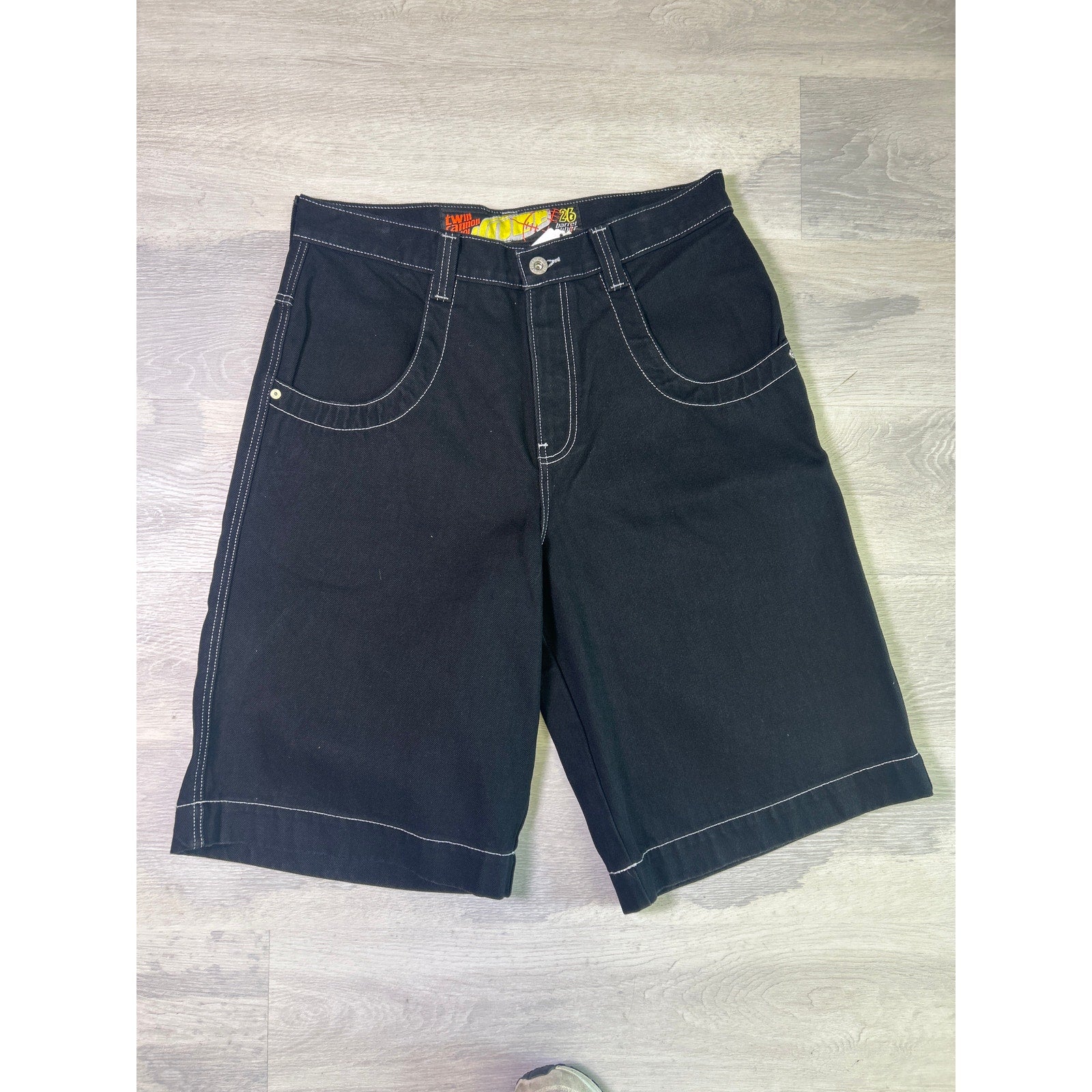 JNCO 101 Twin Cannon Shorts. 14". Black/Silver Back Pockets Men's Size 34