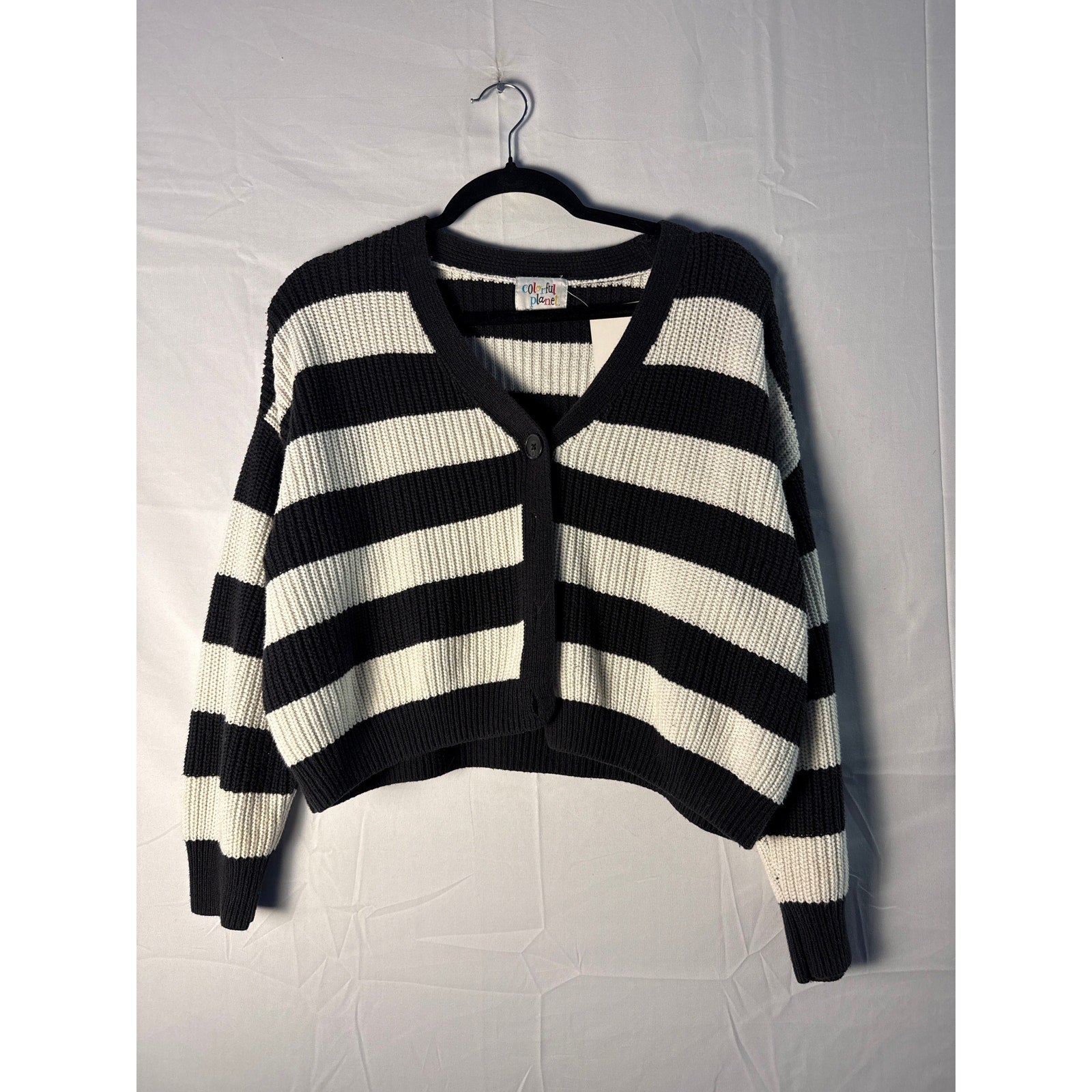 Colorful Planet Black and White Striped Knit Cardigan Sweater Women's Medium
