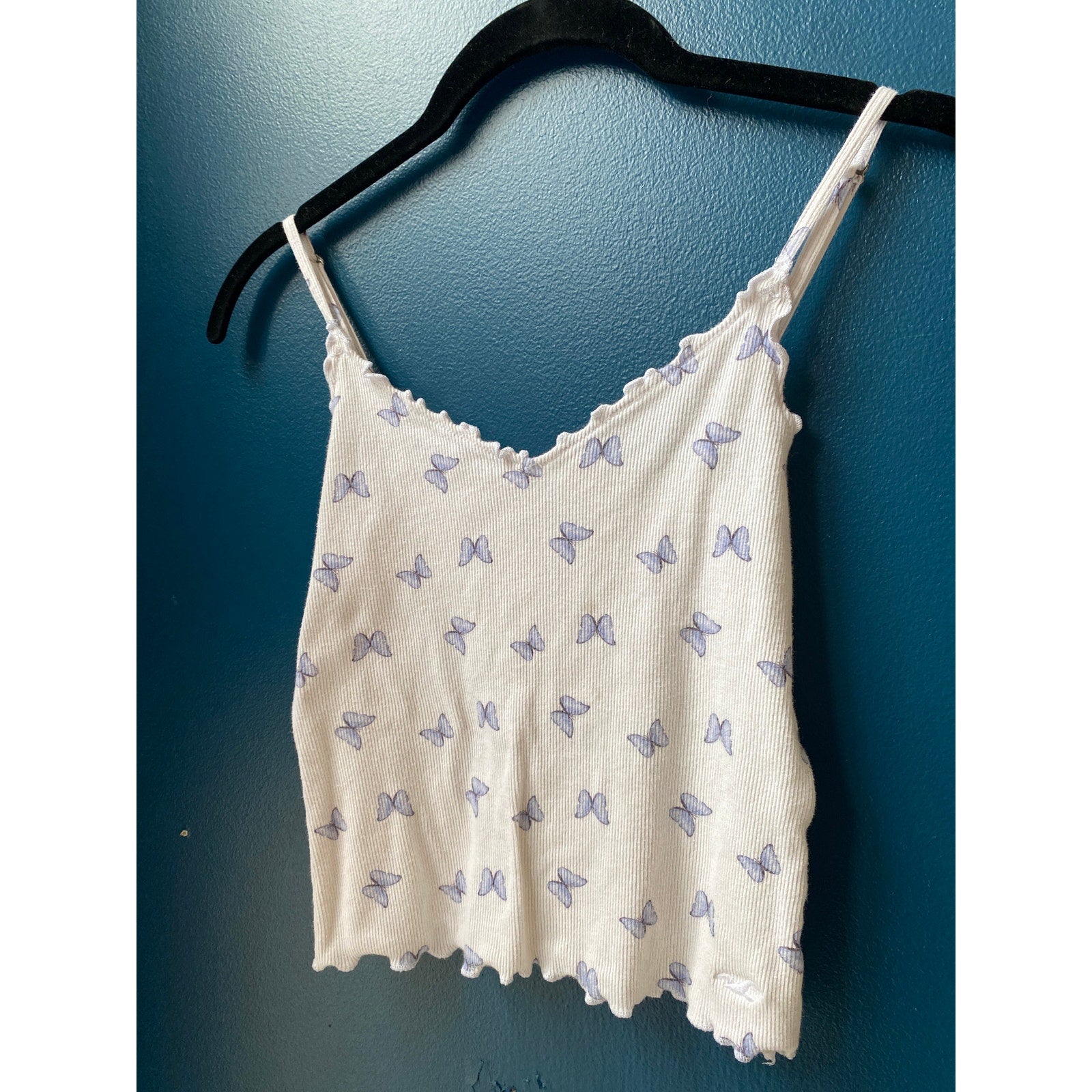 Hollister Blue Butterfly Print Rib Knit Crop Top Sleeveless Women's Size Medium