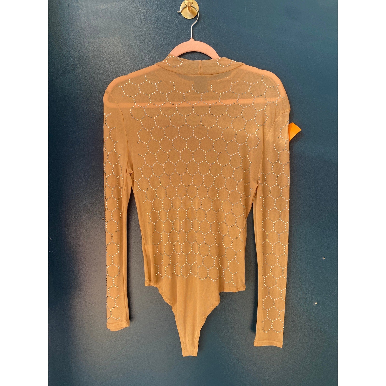 Long Sleeve Crewneck Nude Mesh Rhinestone Bodysuit Women's Size Small