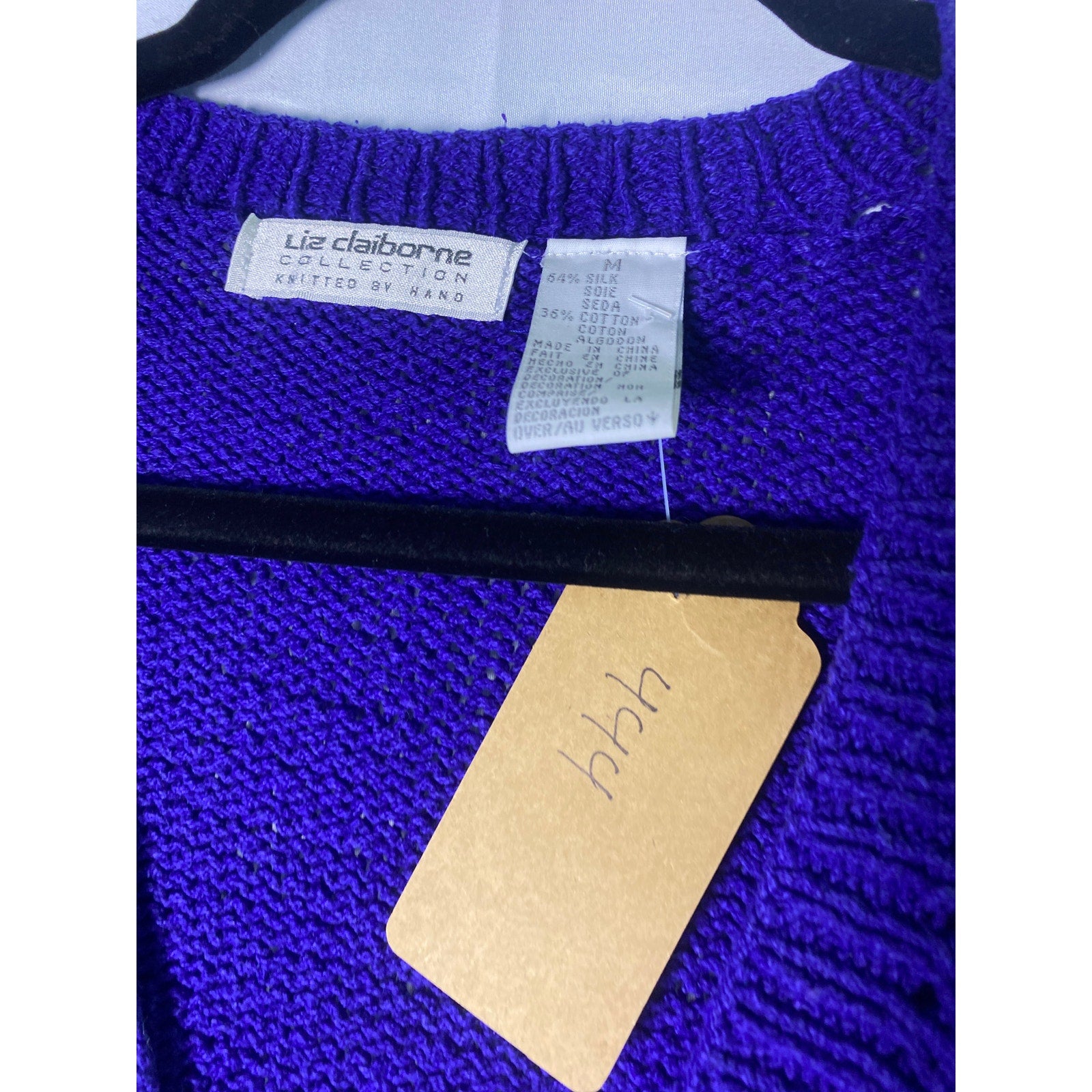 Vintage Liz Claiborne Hand Knit Blue Colorful V-neck Sweater Women's Size Medium