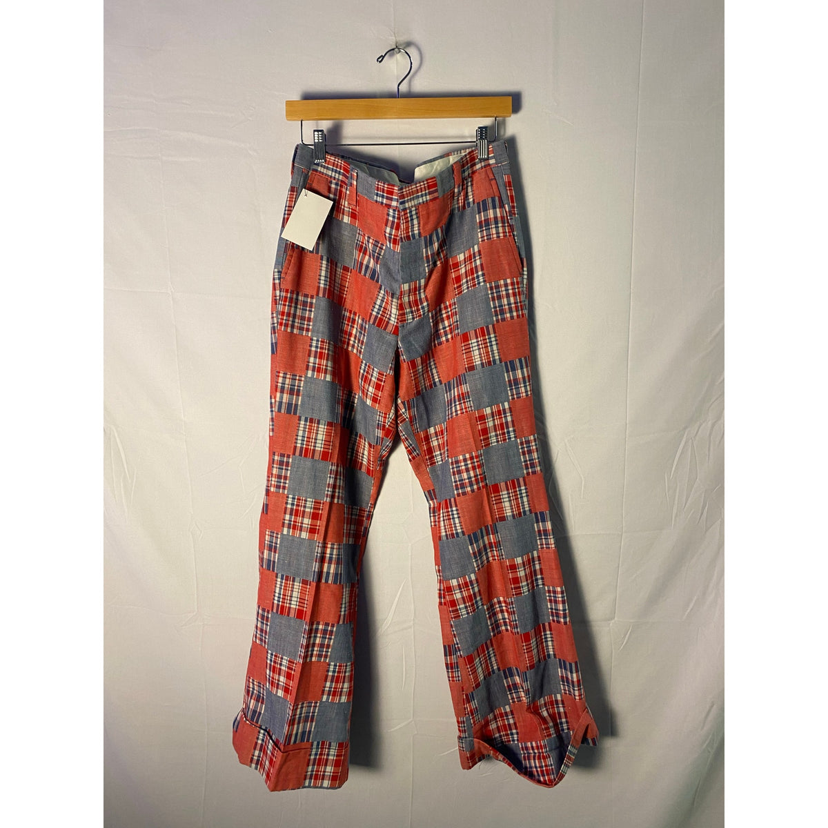 Vintage 70s Farah Red White Blue Patchwork Plaid Flare Bell Bottom Pants Large