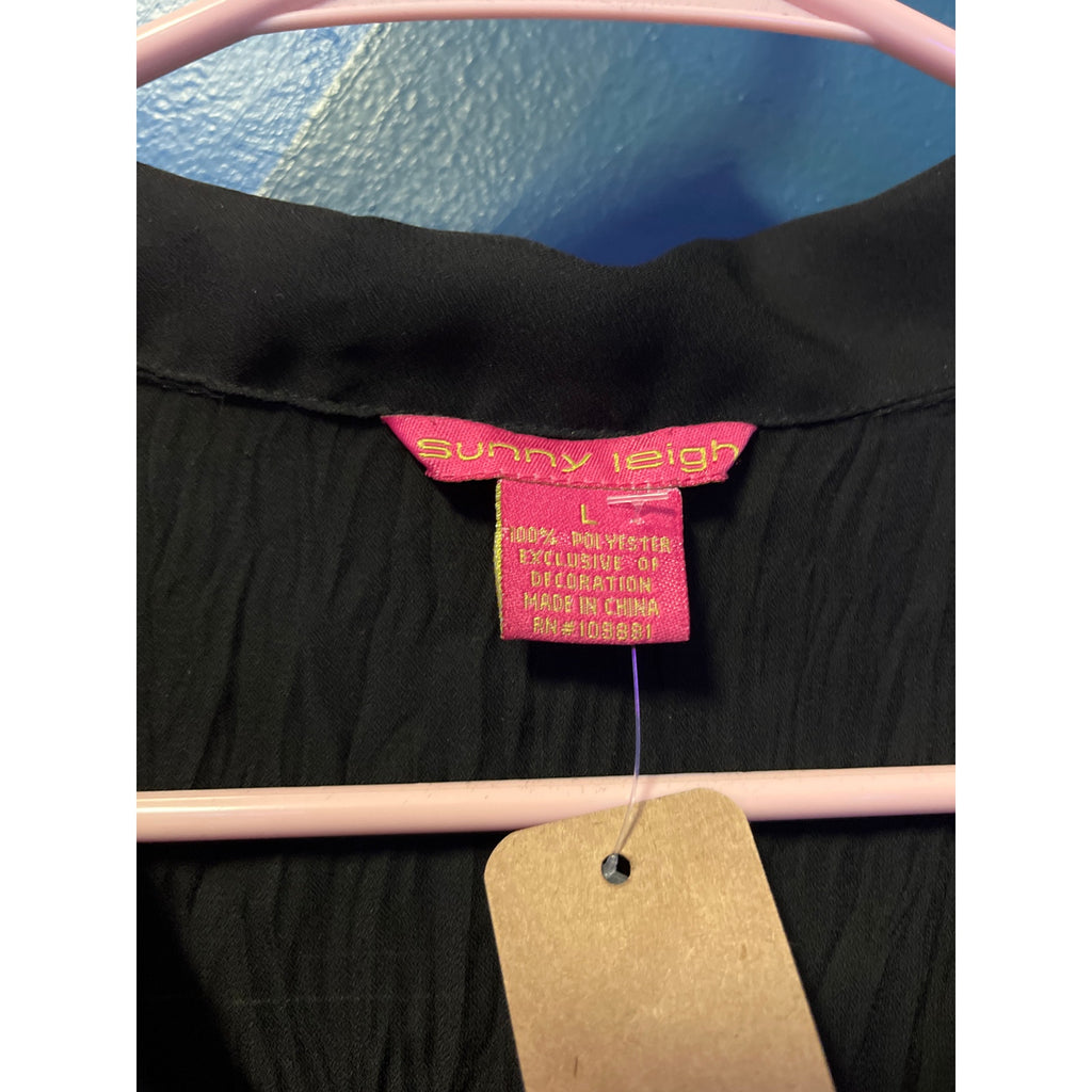 Sunny Leigh Black Ruffled Lace Button Up Long Sleeve Blouse Women's Size Large