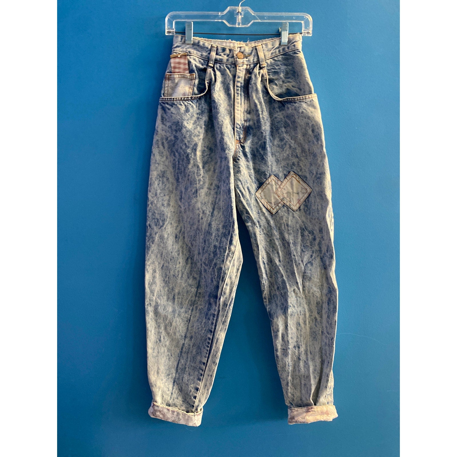 Vintage Breaker Sportswear Acid Wash High Waist Skinny Jeans w/ Floral Patchwork