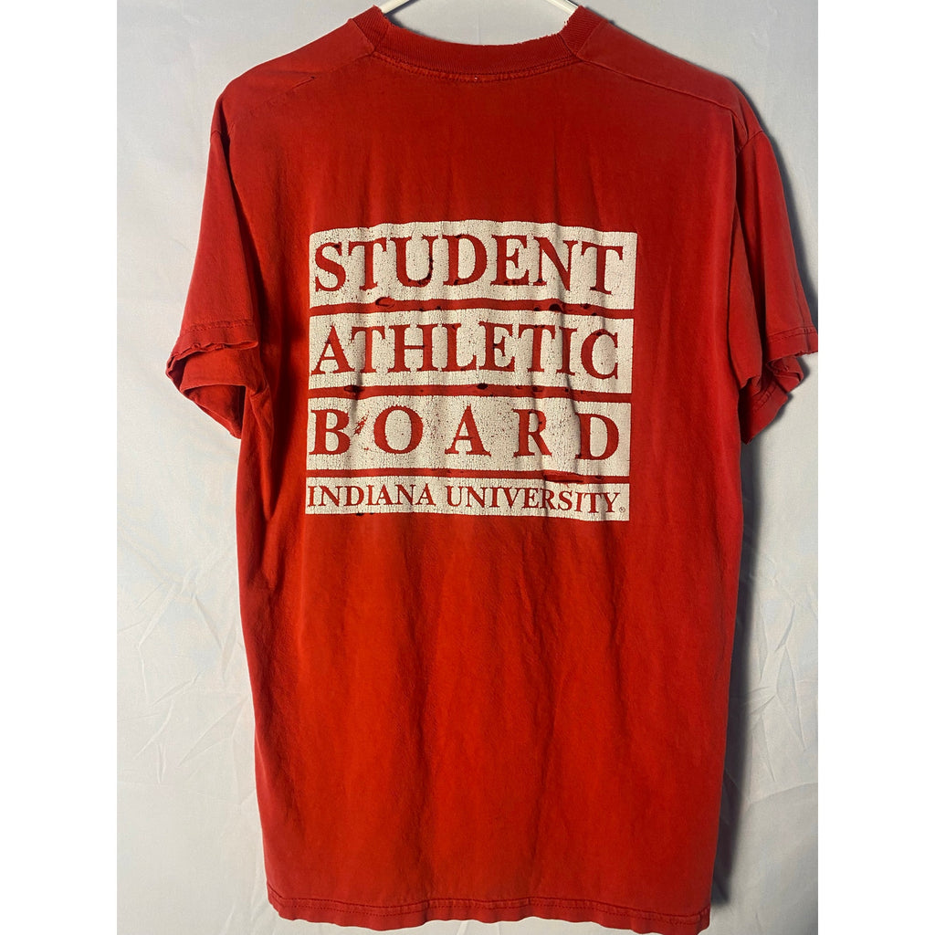 Vintage 90s IU Student Athletic Board Ripped Red Graphic Print Shirt Men's Large