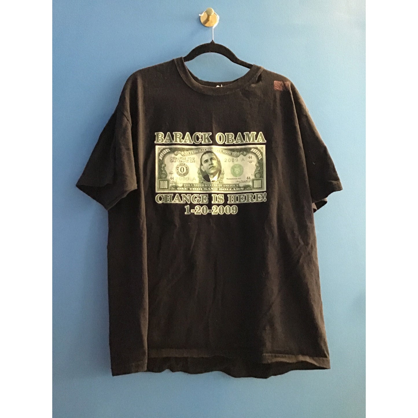 Barack Obama Change is Here! 1-20-2009 Cash Print Black Shirt Adult Size XL