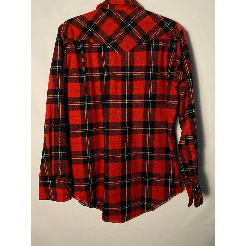 Vintage Wrangler Black Red Flannel Button Up Shirt Long Tails Men's 15.5x33