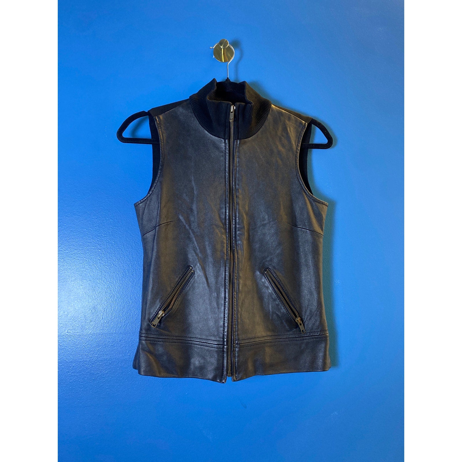 INC International Concepts Black Full Zip Leather Vest Jacket Women's Size Small