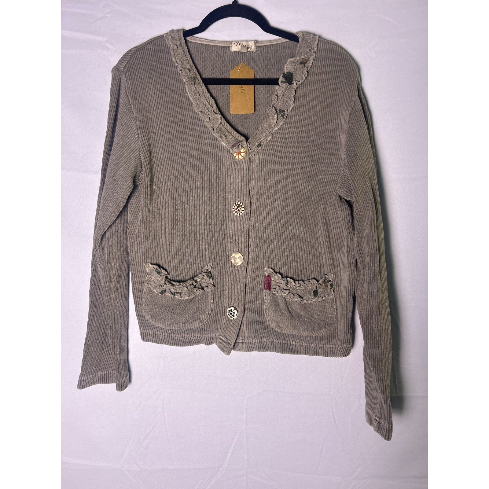 Vintage Mazi Gray Ruffle Cardigan w/ Pockets and Statement Buttons Womens Medium