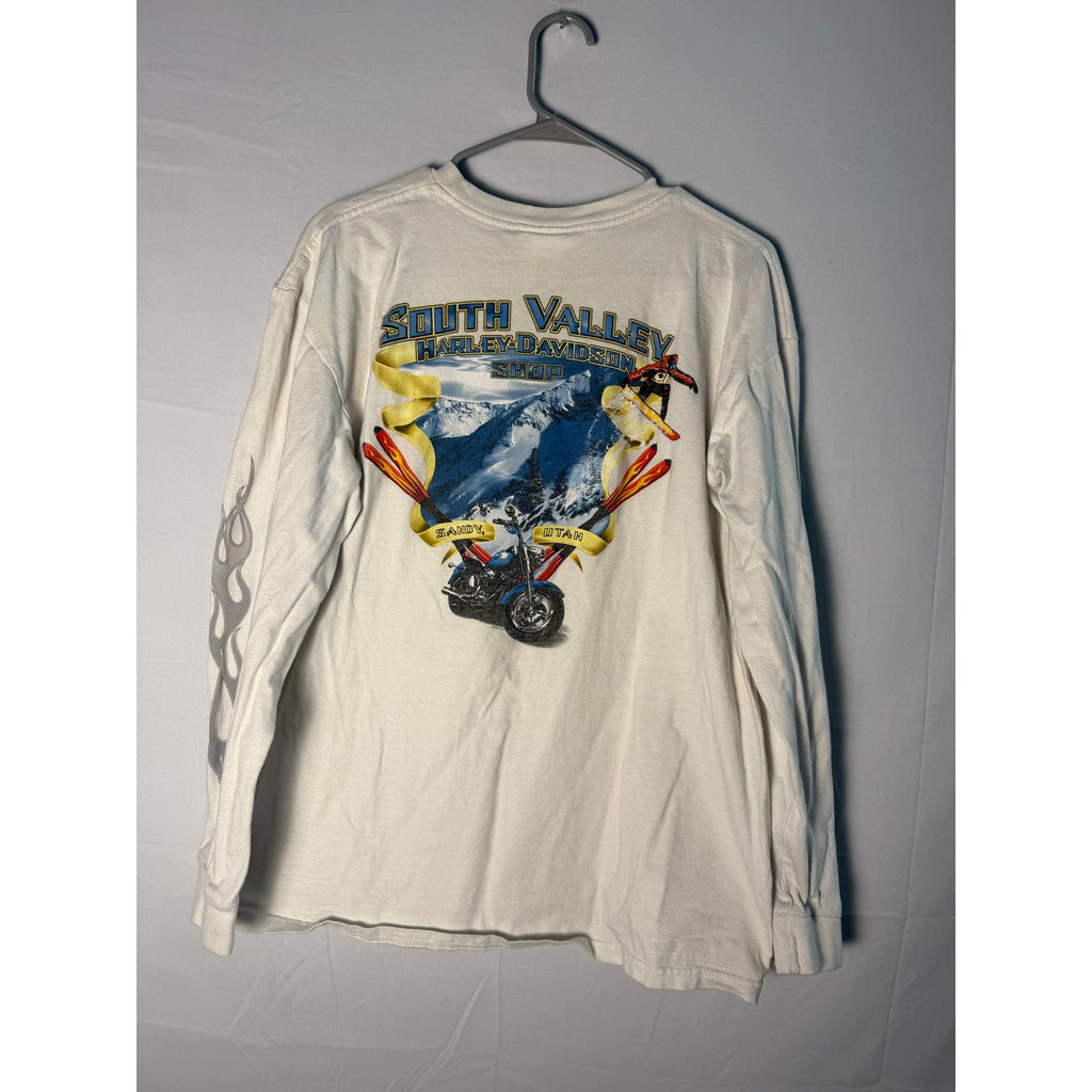 Harley Davidson South Valley Shop w/ Gray Flames White Long Sleeve Shirt Size XL