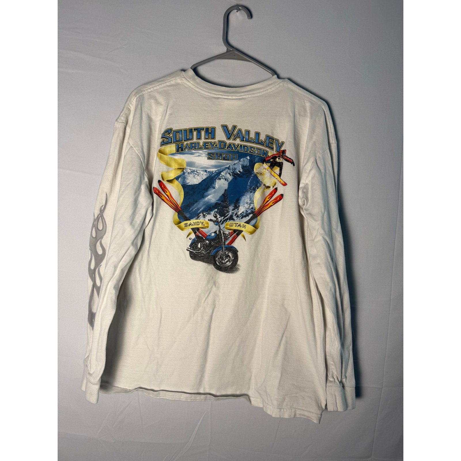 Harley Davidson South Valley Shop w/ Gray Flames White Long Sleeve Shirt Size XL