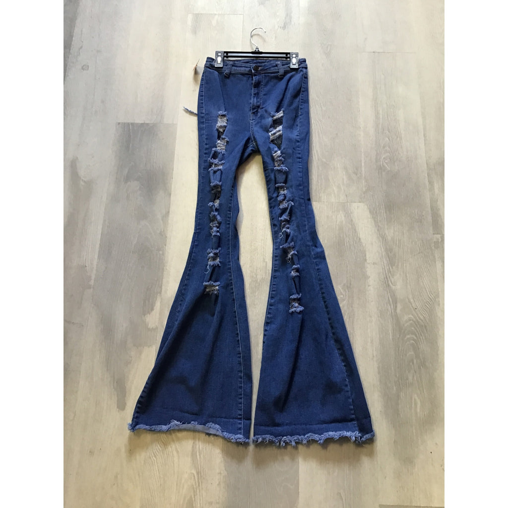 Jazz Denim Bell Bottom Flare High Rise Stretch Ultra Distressed Jeans Medium
