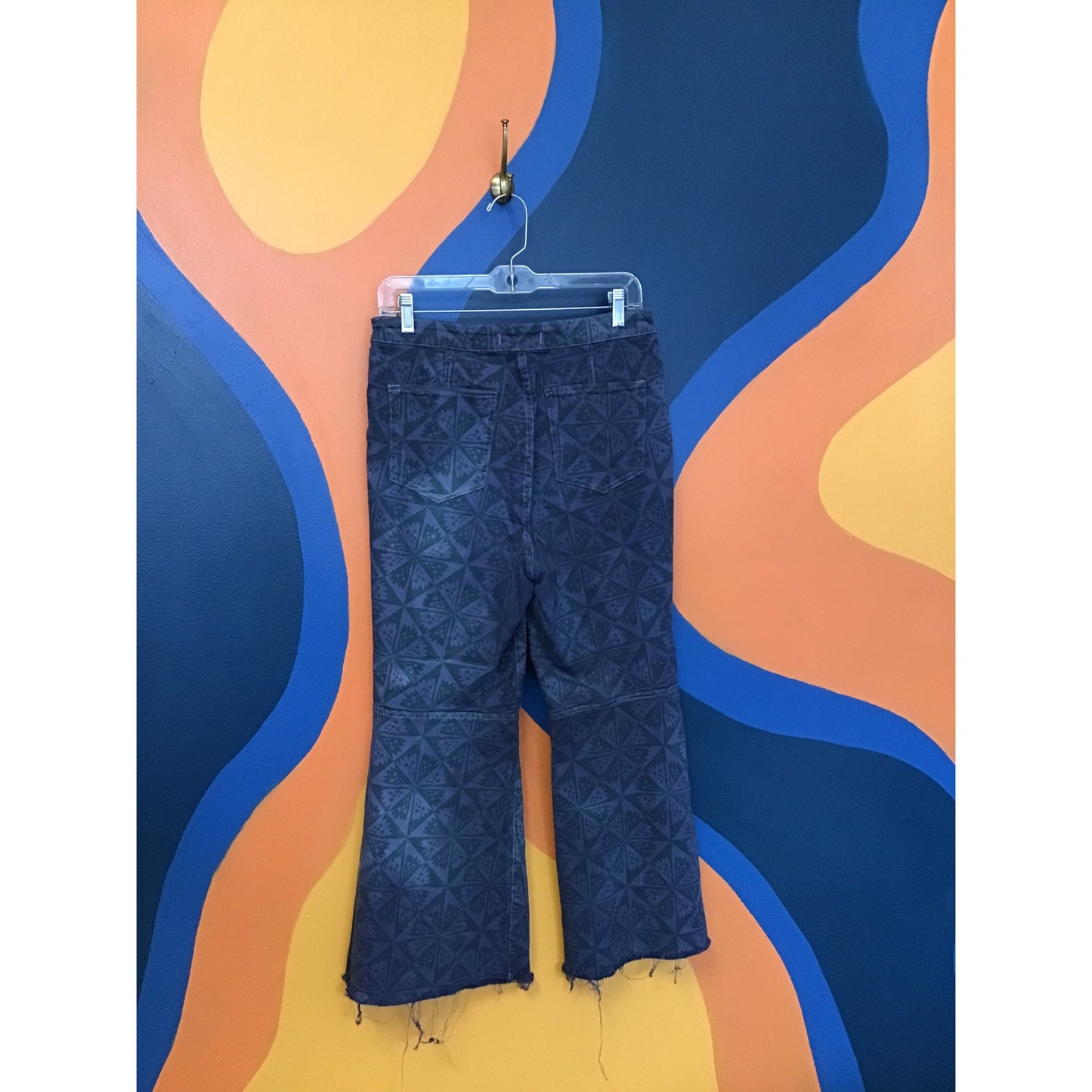 Free People Hand-Dyed Printed Bell Bottom Pants Raw Hem Denim Women's Size 31
