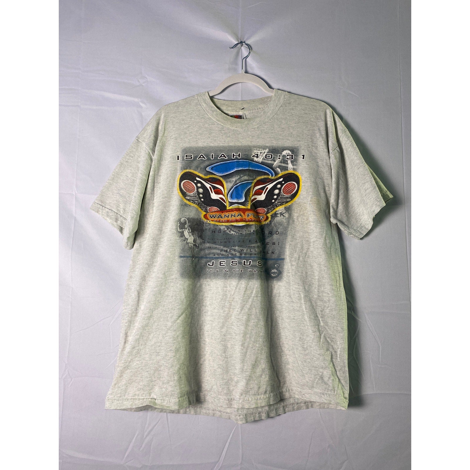 Fruit of the Loom Isaiah 40:31 WANNA FLY? Graphic Print Gray T-shirt Men's XL