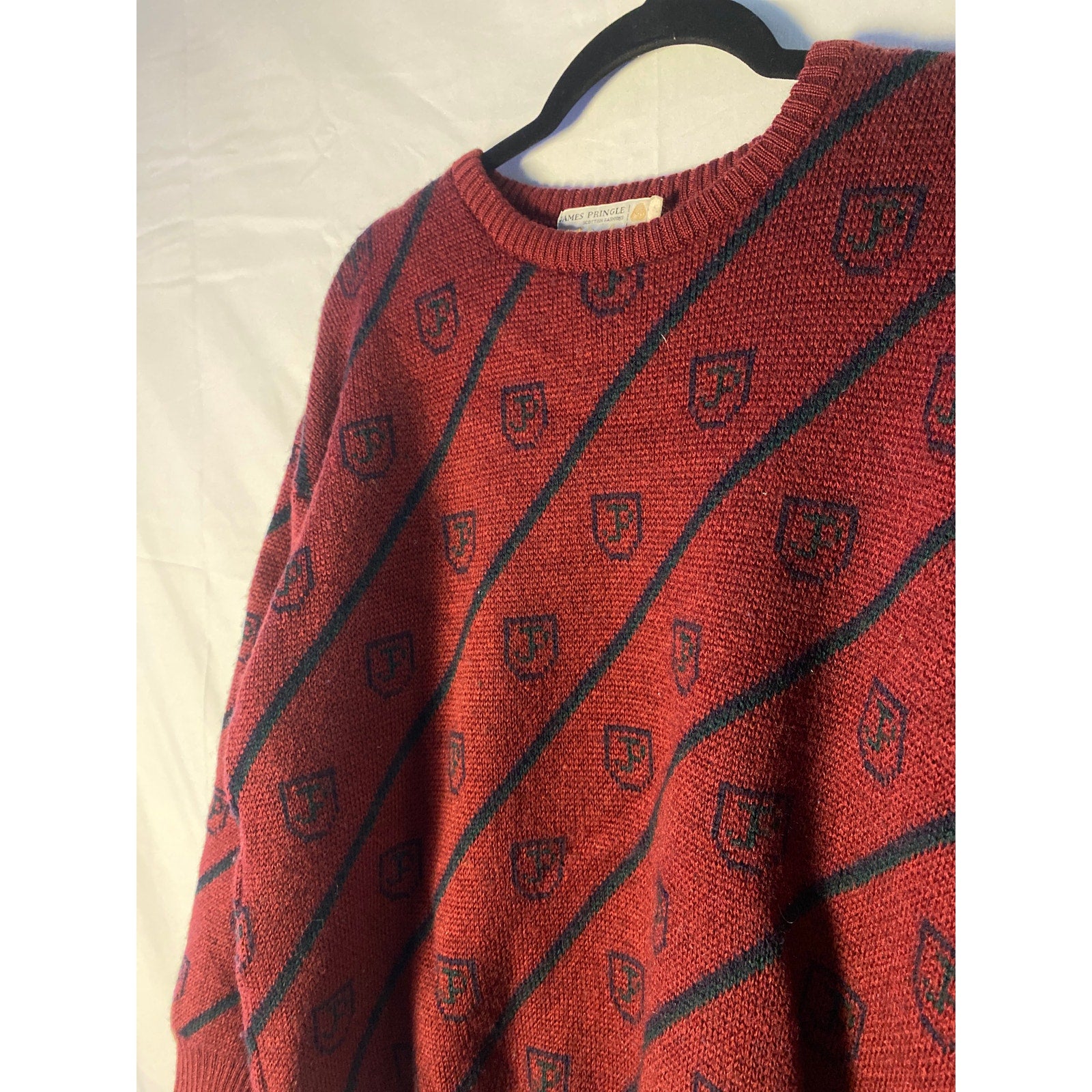 Vintage James Pringle Red Black Striped Logo Pure Wool Sweater Crewneck Pullover Medium