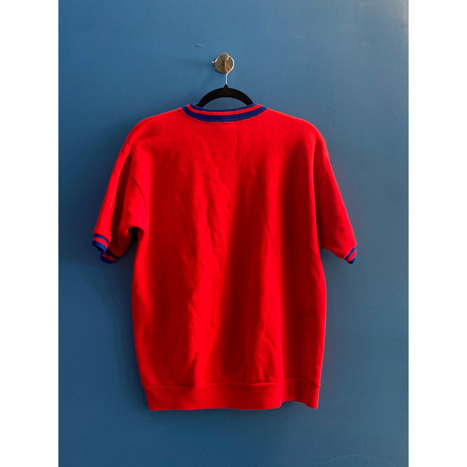 Vintage 80's Red Blue Short Sleeve Crew Neck Sweatshirt Women's Size Large