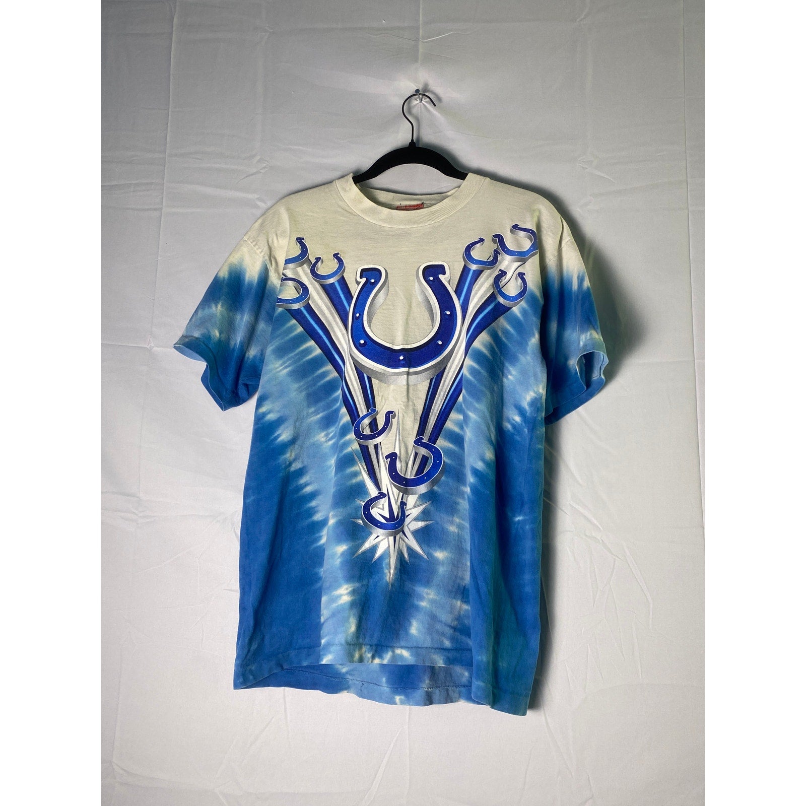 Vintage 90s Indianapolis Colts NFL All Over Print Graphic Shirt White Blue S/M?