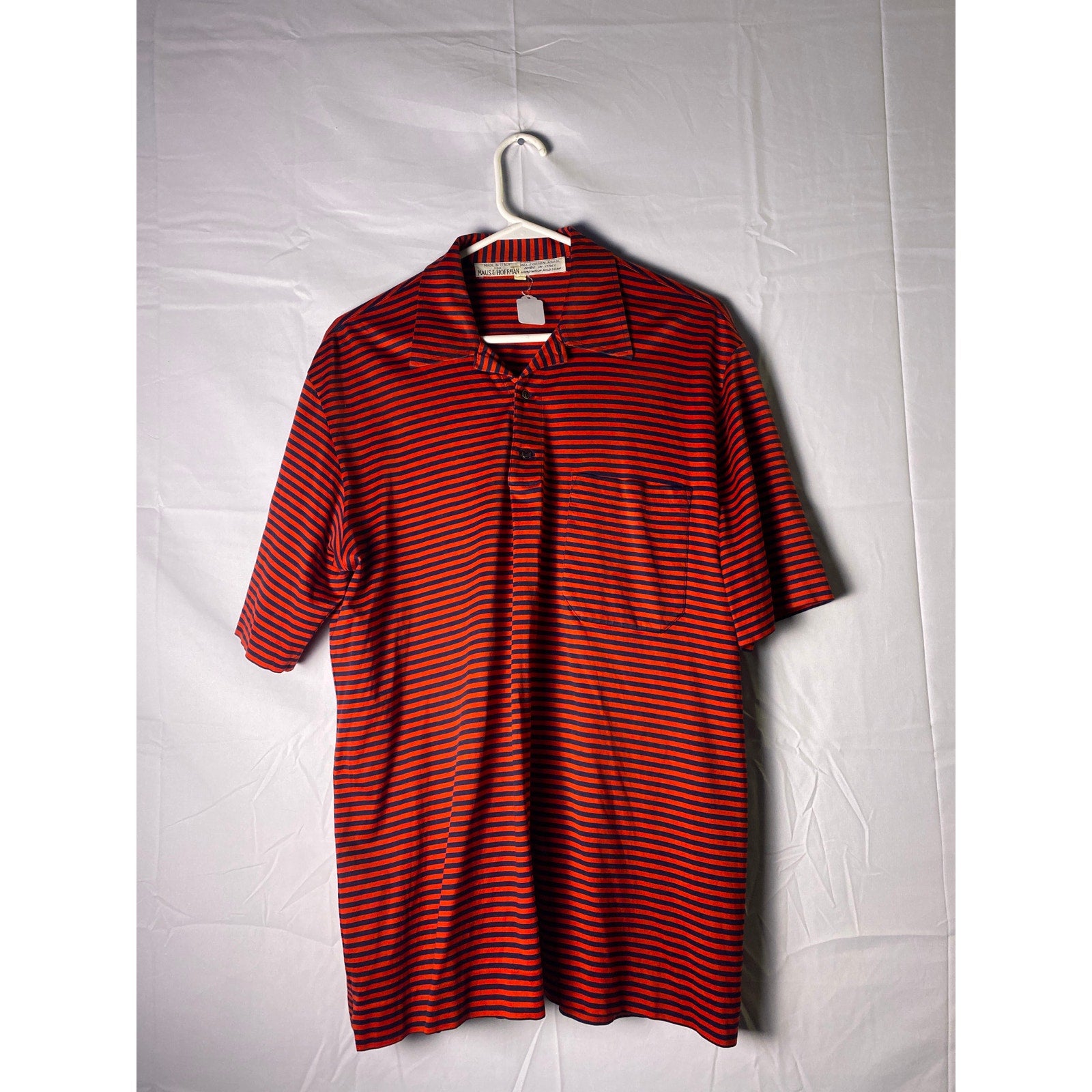 Maus & Hoffman Red Navy Blue Striped Italian Polo Shirt Short Sleeve Size Large?