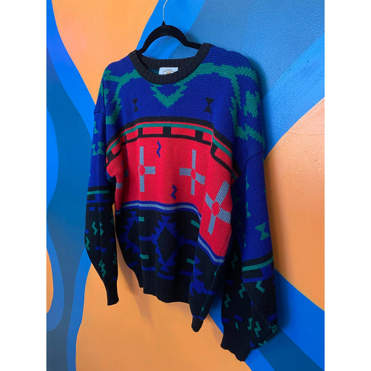 Clear Creek Vintage Red Blue Knit Crew Neck Pullover Sweater Men's Size Large