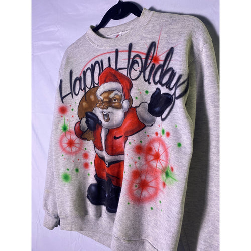 90s Vintage Jerzees Airbrushed Santa Claus Happy Holiday Gray Sweatshirt Size XS