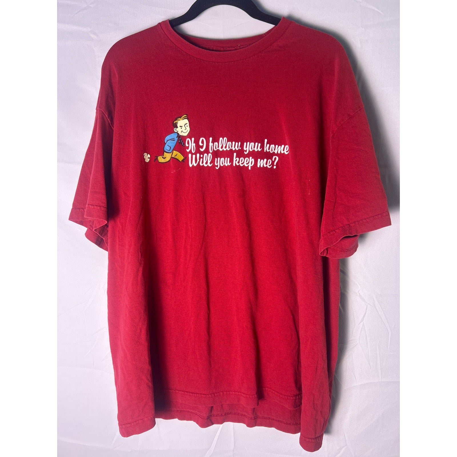 Y2K If I follow you home Will you keep me? Graphic Print Red Shirt Men's XL/2XL