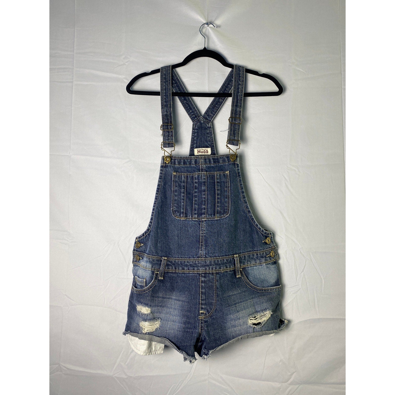Mudd Blue Denim Overall Shorts Raw Hem Distressed Women's Size Medium