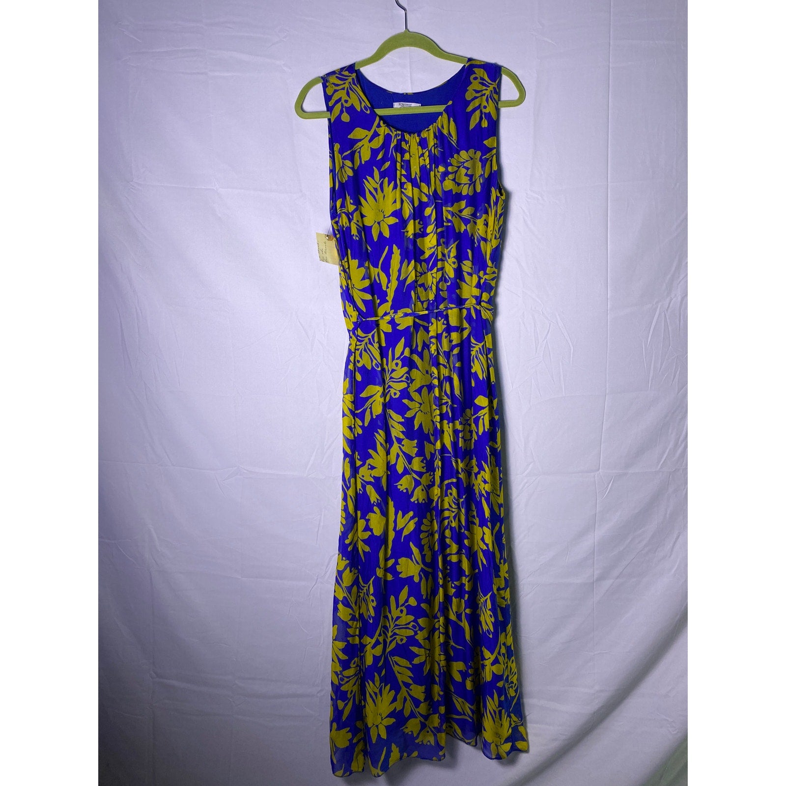 Rosemarine Blue Yellow Floral Silk Viscose Sleeveless Tie Waist Maxi Dress Large
