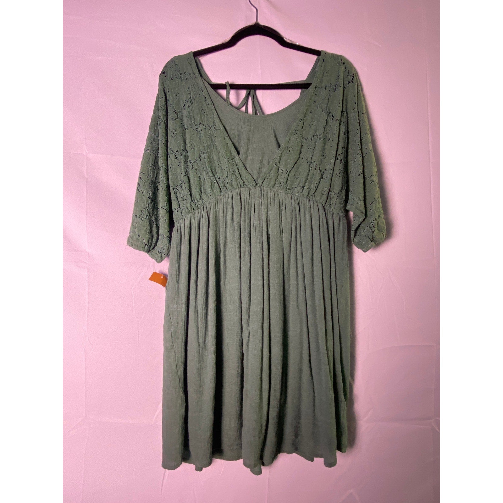 Green Crochet Lace Short Sleeve Pleated Babydoll Dress Women's Size Medium