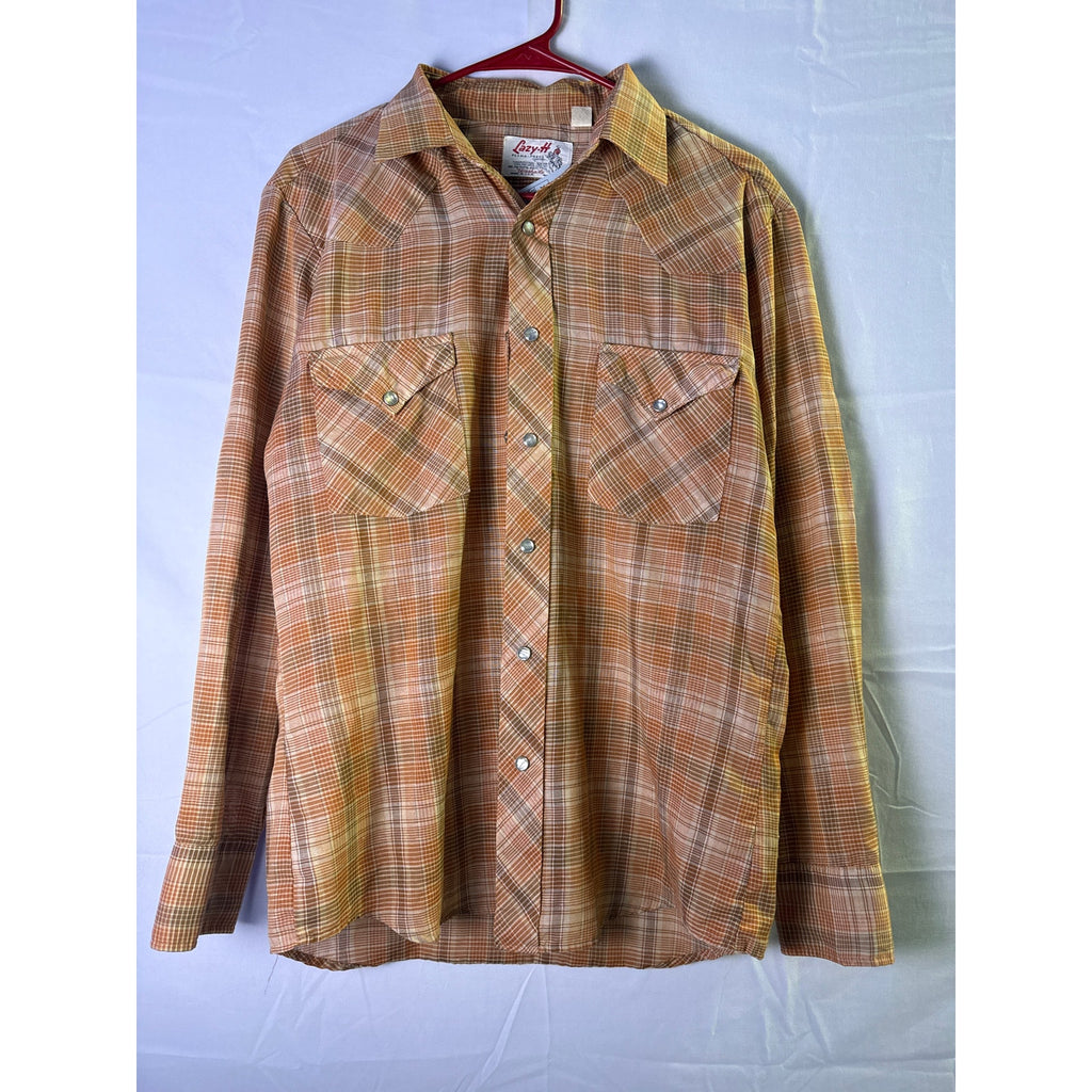 Vintage Lazy H Mustard Plaid Flannel Western Button Snap Shirt Long Sleeve MED