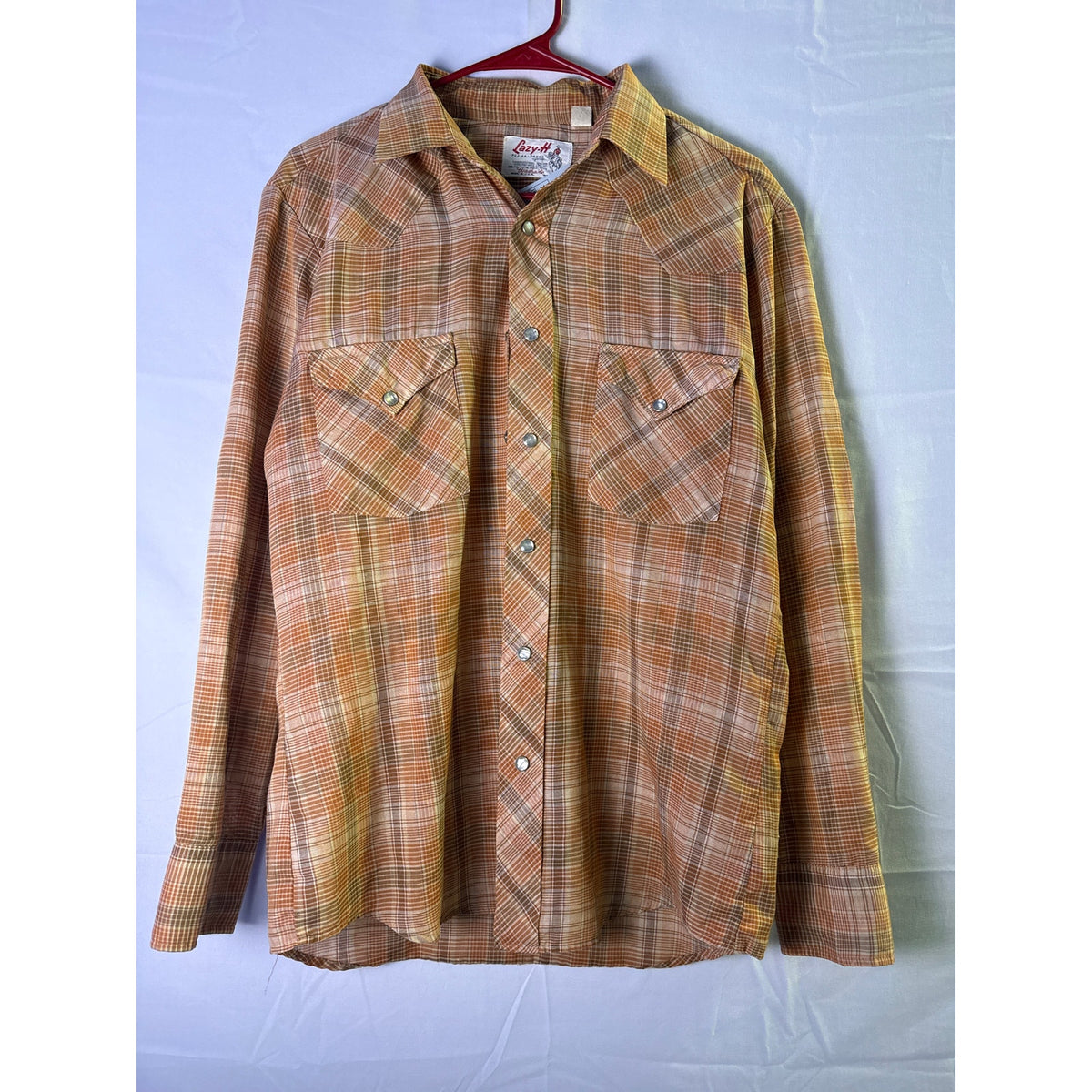 Vintage Lazy H Mustard Plaid Flannel Western Button Snap Shirt Long Sleeve MED