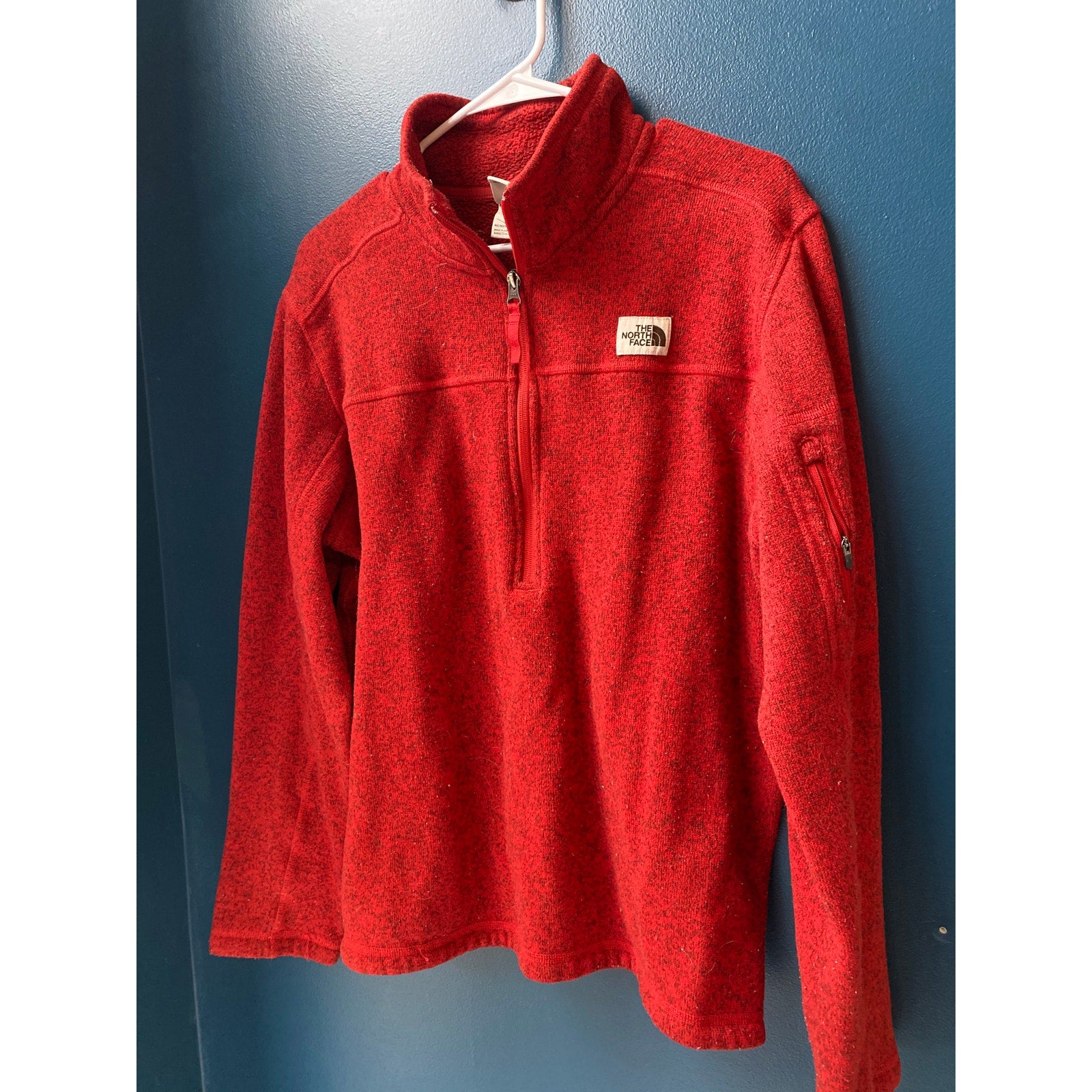 The North Face Red Textured 1/4 Zip Pullover Sweater Zip Pocket Mens Size Large