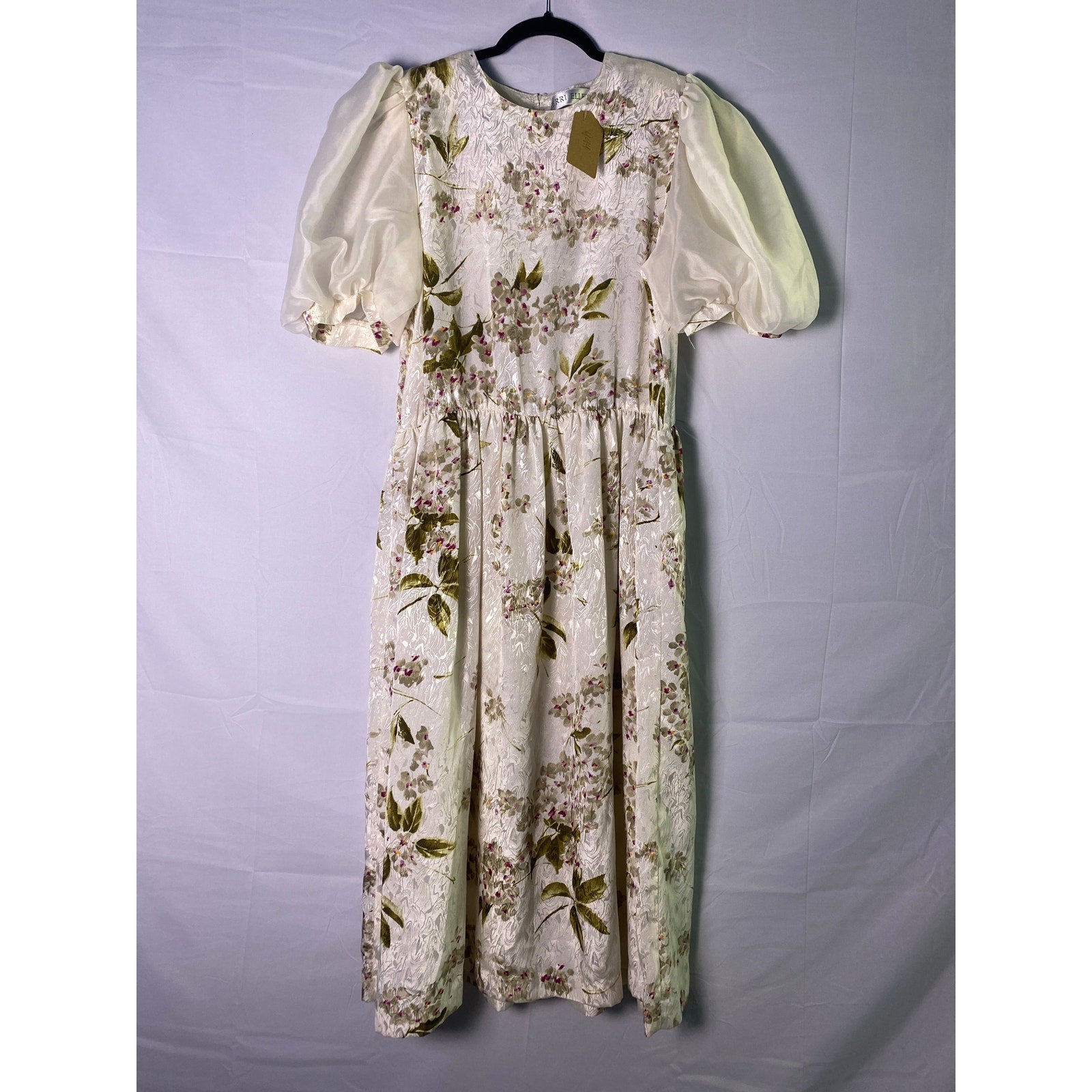 Vintage Terri Ellen White Multi Floral Puffer Sleeve Dress Back Zip Women's L/XL