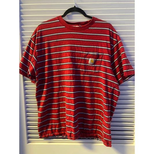 Carhartt Red White Black Striped Chest Pocket Logo Shirt Men's Size XL