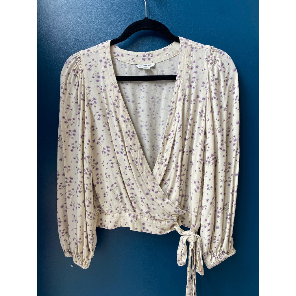 American Eagle AEO Purple Floral Faux Wrap Crop Long Sleeve Shirt Women's Small