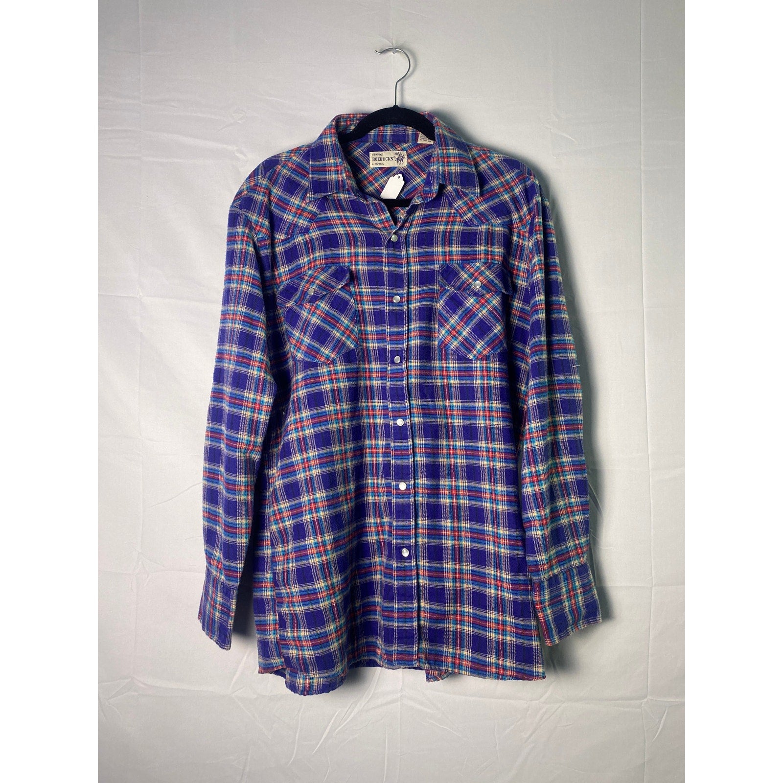 Roebuck Pearl Snap Western Shirt Blue Plaid Button Up Flannel Mens 16-16.5 Large