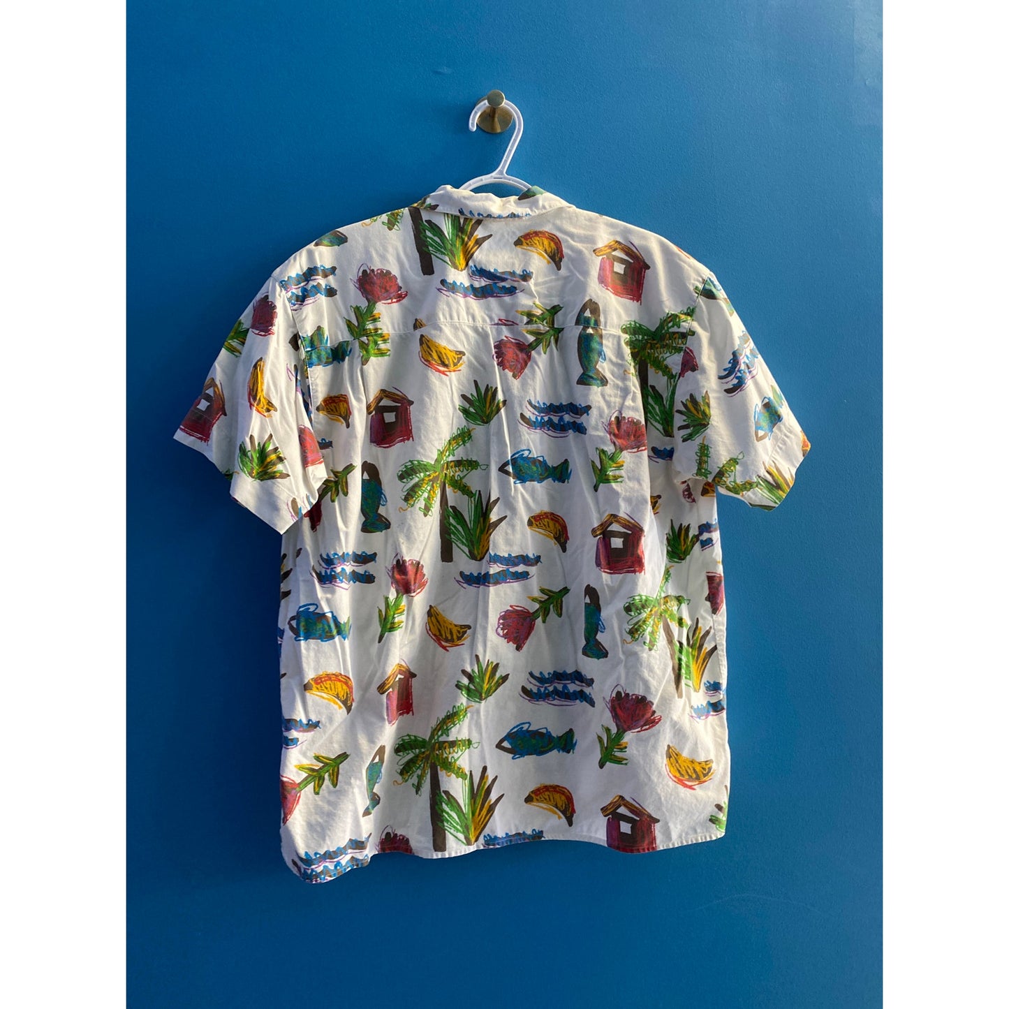 Dockers White Multicolor Tree Rose House Beach Hawaiian Shirt Men's Medium
