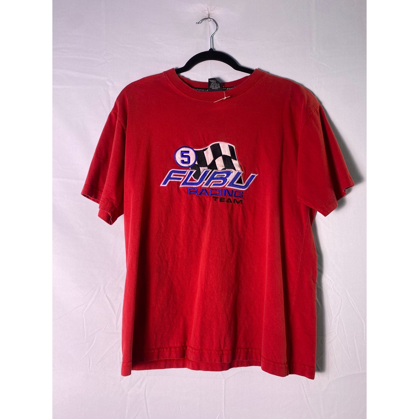 FUBU Sports Racing Script Logo Embroidered #5 Red Tee Shirt Men's Size Large