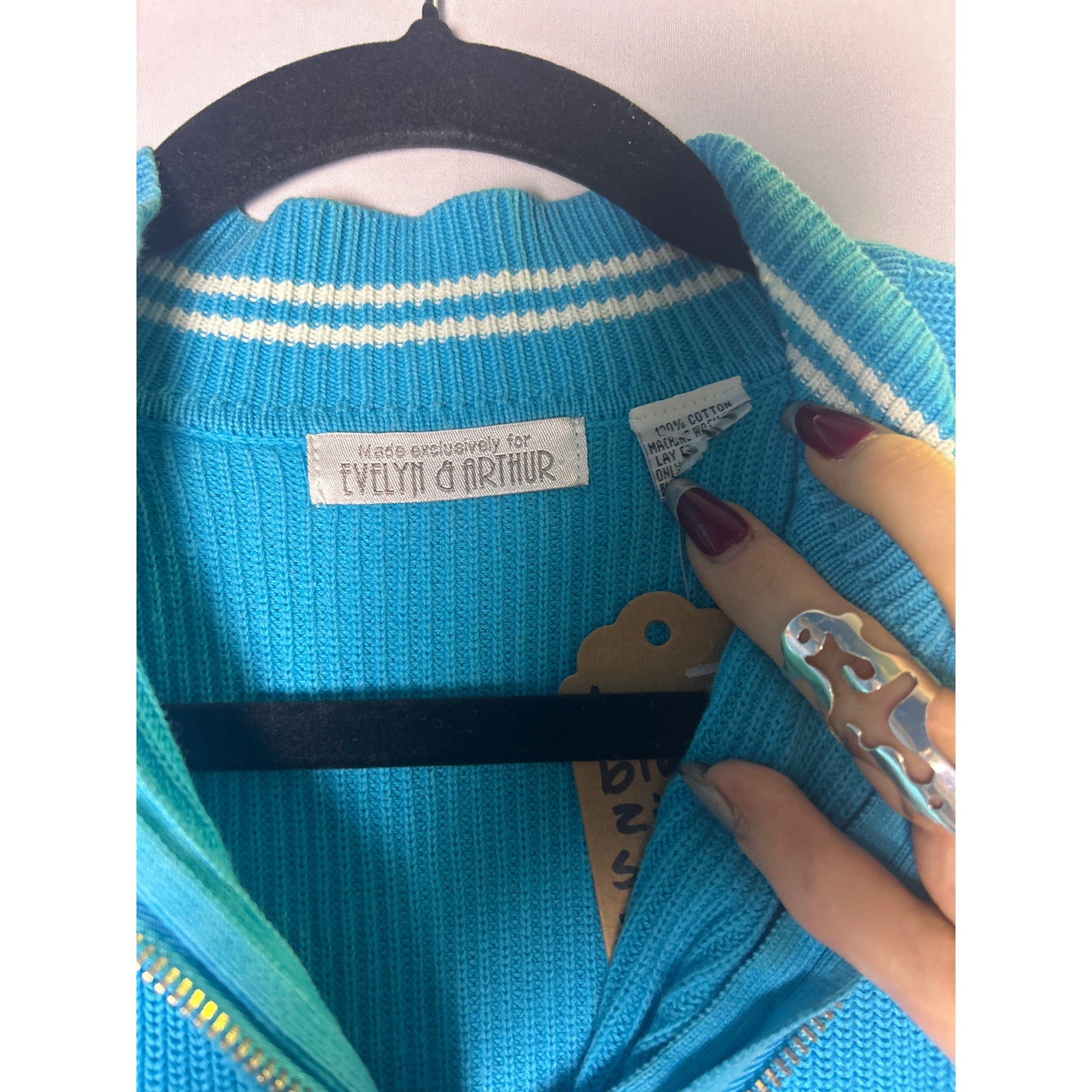 Evelyn & Arthur Vintage Blue Quarter Zip Pullover Sweater Women's Size Large
