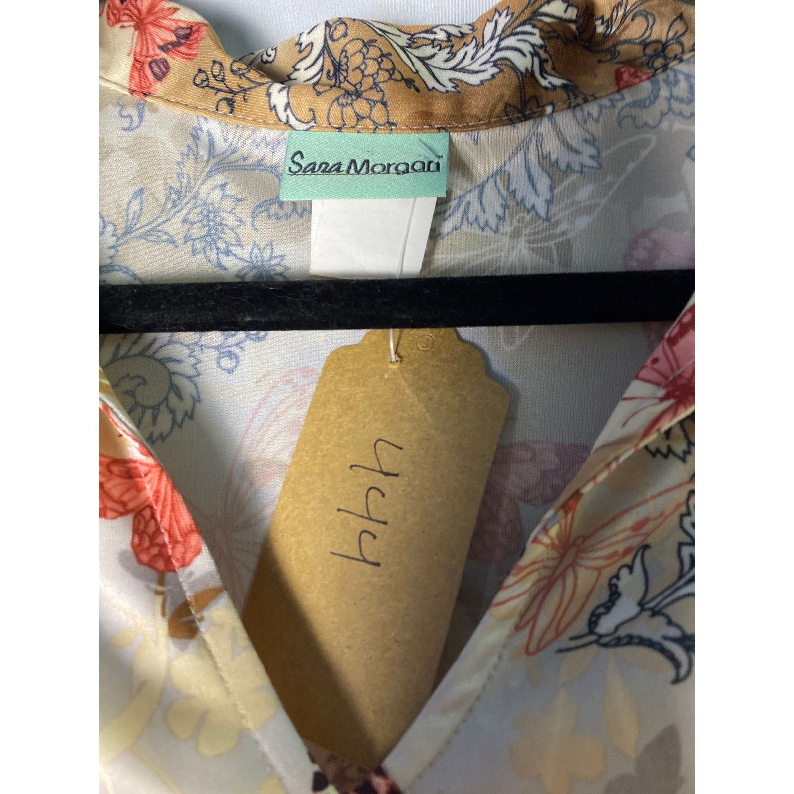Vintage Sara Morgan Brown Floral Butterfly Polo Blouse Top Women's Size Large