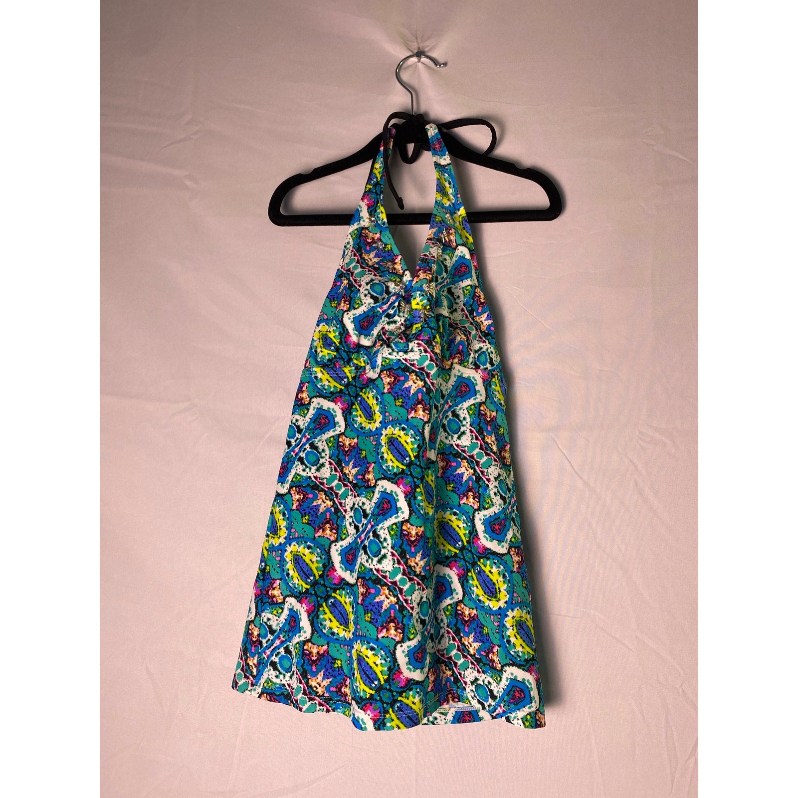 Mudd Halter Neck Blue Multi Embellished Tankini Top Women's Size Small