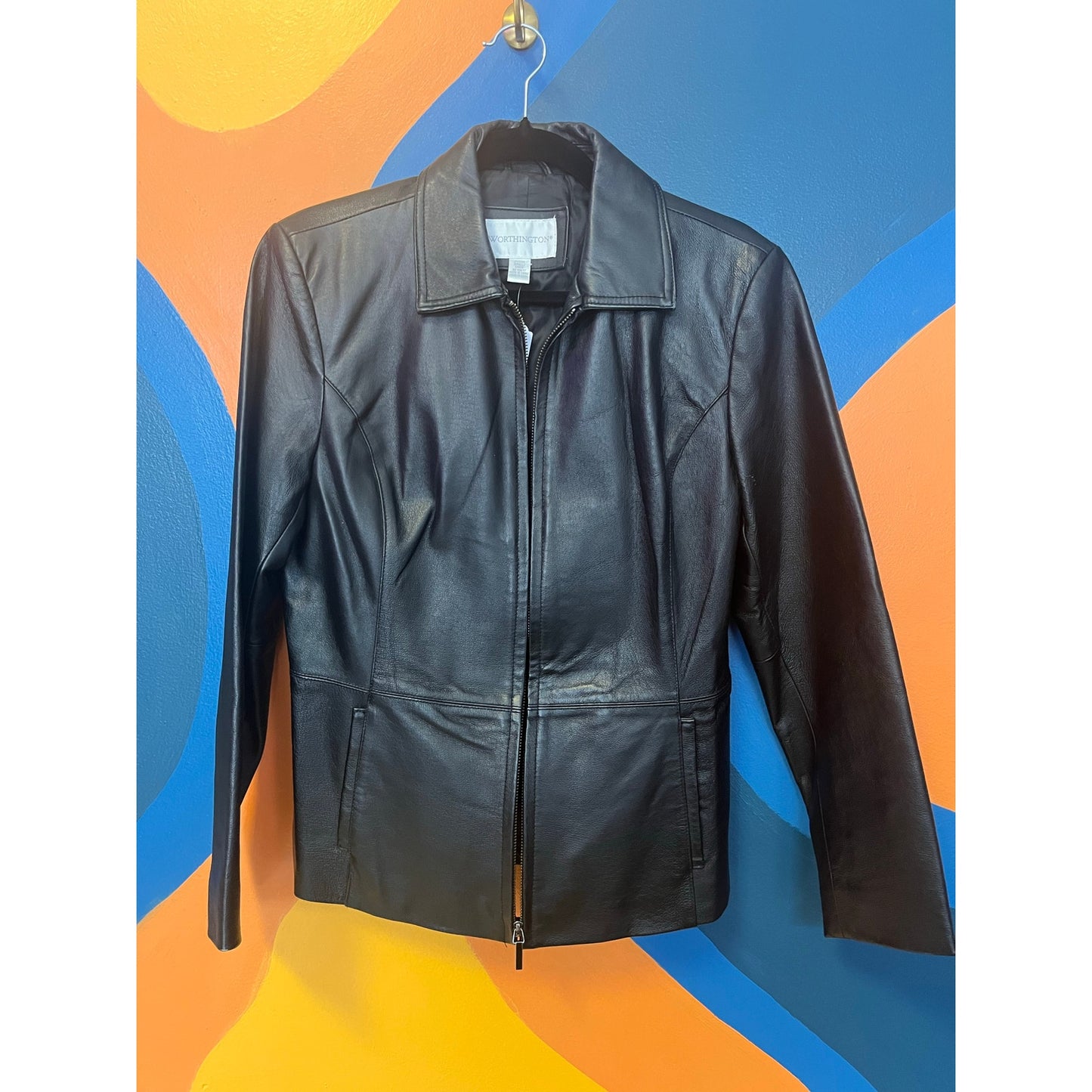 Worthington Black Leather Full Zip Moto Jacket Front Pockets Women's Size Small
