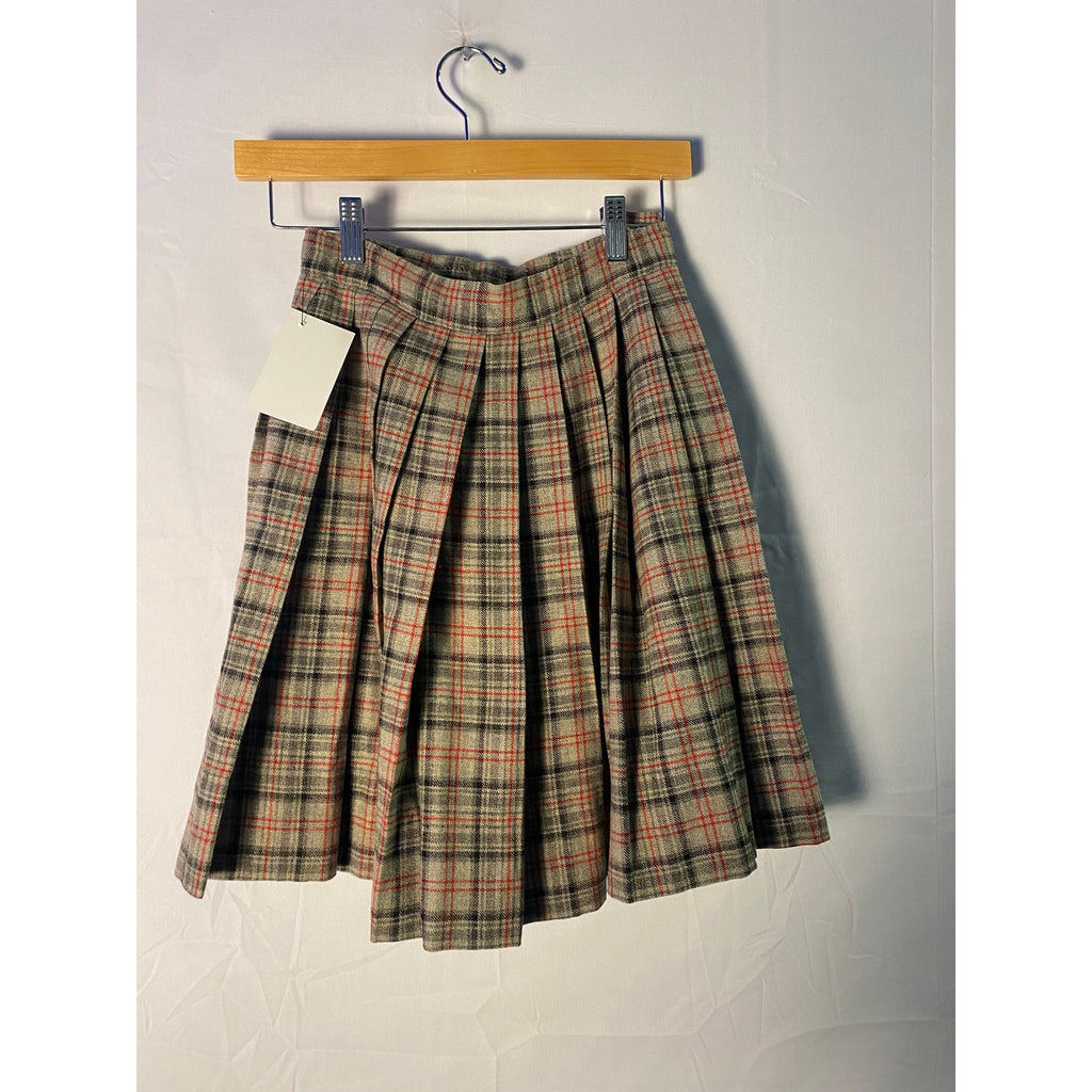 Vintage 60s Skirt Brown Plaid Wool Blend Pleated A-line Skirt Women's Size XS/12